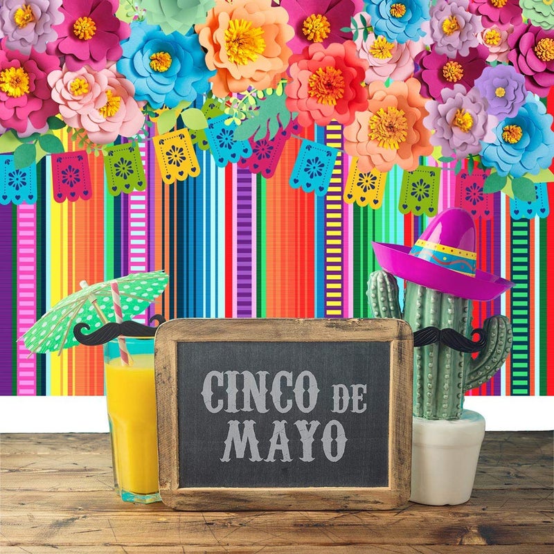 Ticuenicoa 7x5ft Mexican Fiesta Backdrop Photobooth Flowers Fiesta Background Drop Cinco De Mayo Backdrop for Pictures Floral Stripes Flags Birthday Party Mexican Party Decoration Photo Booth Props - Image 5